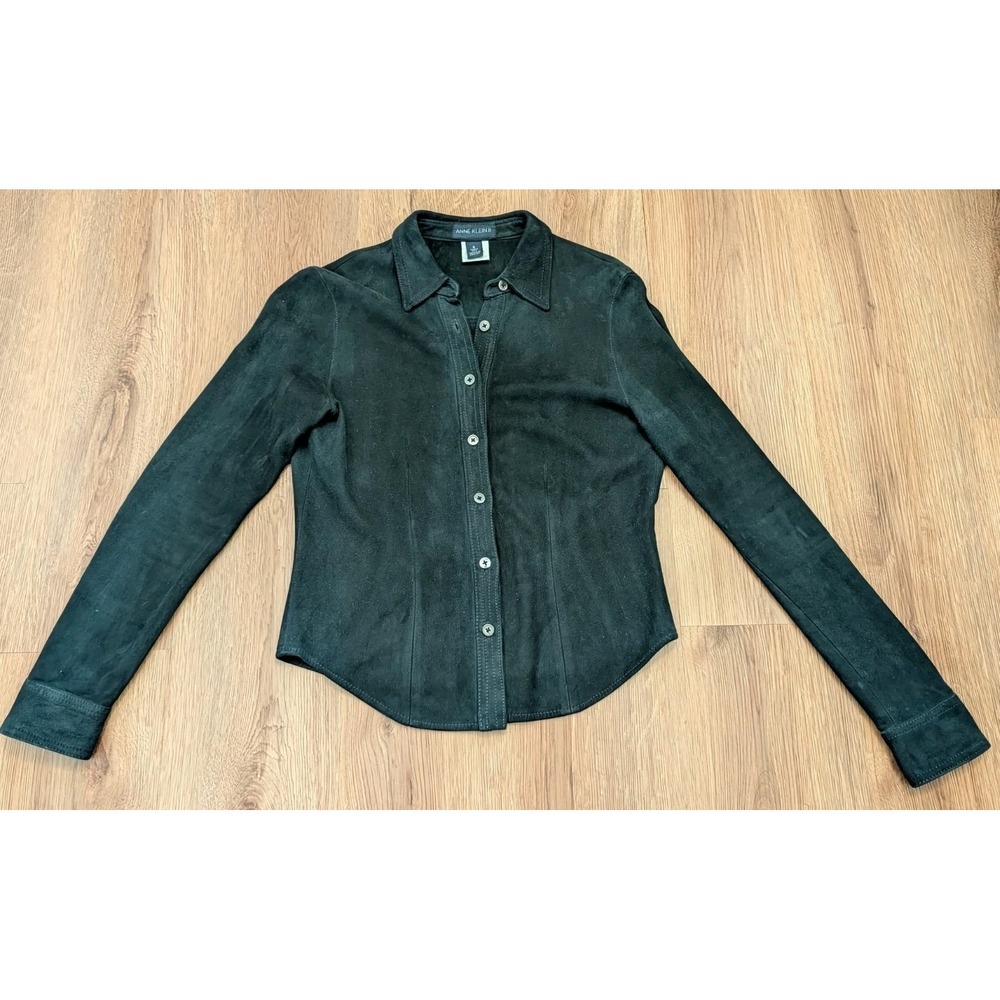 Vintage 90s Anne Klein Suede Leather Black Button Up‎ Shirt Size 8 Western Boho